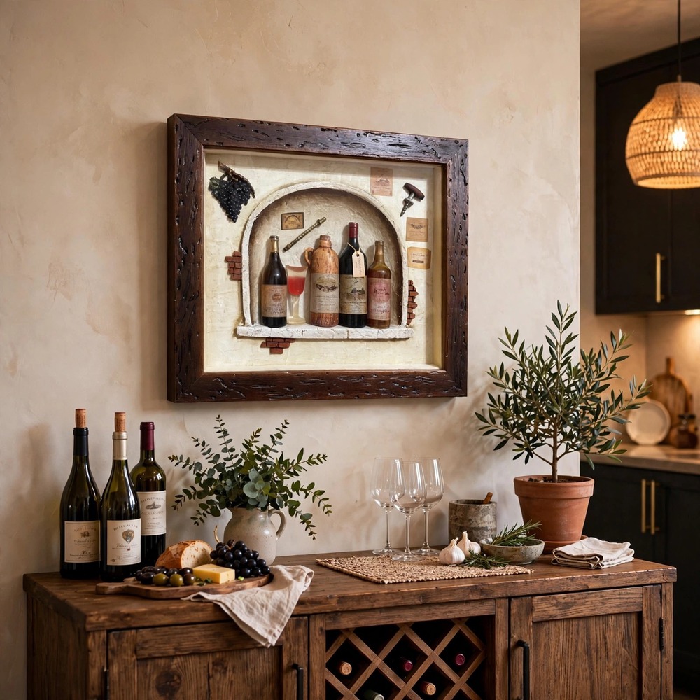 Vintage Wine Bottle Shadow Box Wall Art Decor Bar Kitchen Vineyard Theme